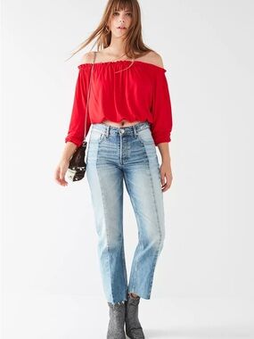 iris Red Gathered Waist Off-Shoulder Top